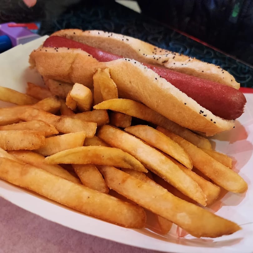 A Bo-Bo's Gyros hot dog on a poppy seed bun with a side of golden french fries.